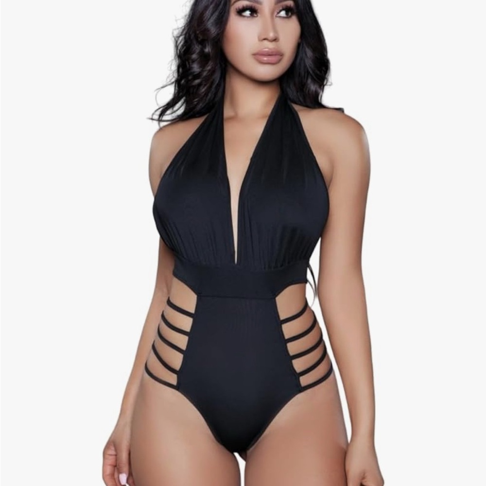 Black Halter Cutout One-Piece Swimsuit - Women Swim XS